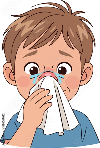 Sad Boy Crying and Blowing Nose with Tissue.