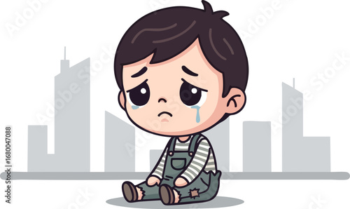 Sad Cartoon Child Crying in City.
