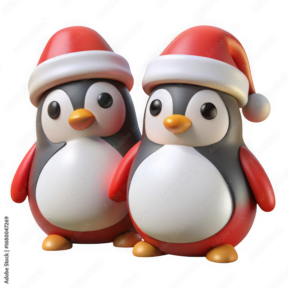 Fototapeta premium 3d adorable penguin couple wearing festive santa hats for christmas holidays transparent background