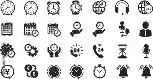 Time management icons for business productivity and scheduling, clock, calendar, and communication options available