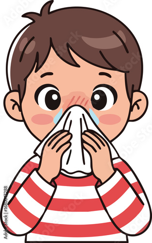Sick Boy Blowing His Nose with Tissue.