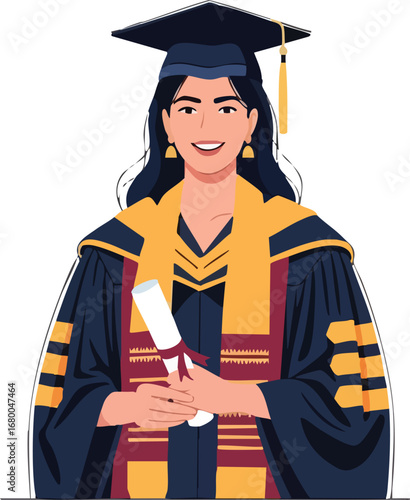 Smiling young woman in graduation cap and gown.