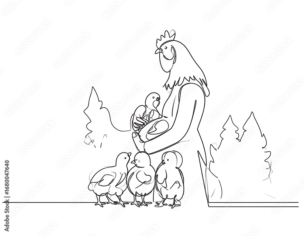 Obraz premium Hen tending chicks in a continuous line drawing