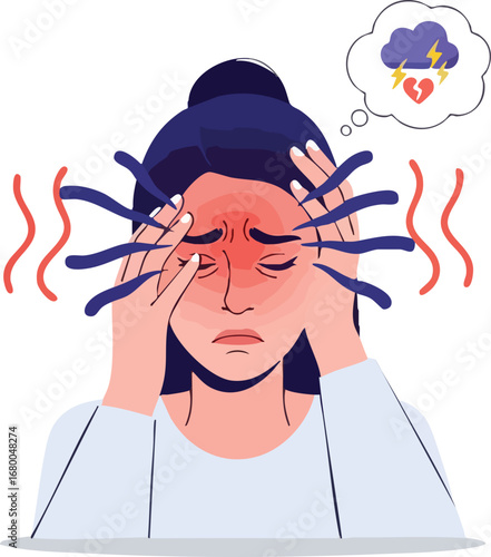 Woman suffering from a severe headache and emotional distress.