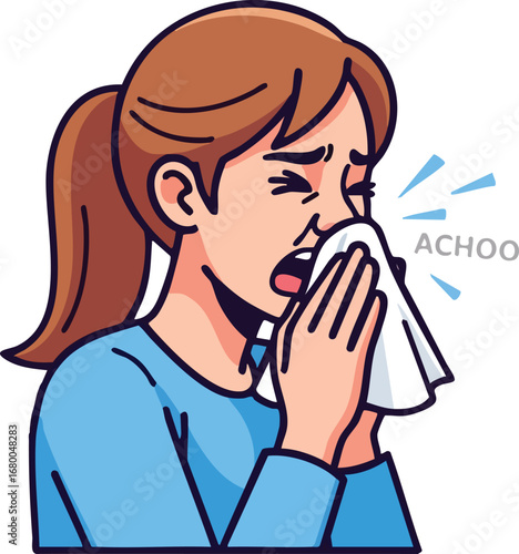 Woman Sneezing into Tissue Cartoon Illustration.