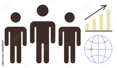 Three human figures alongside a bar chart with upward growth and a globe map with markers. Ideal for teamwork, business development, global reach, leadership, collaboration, growth strategy, simple