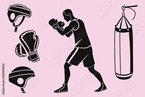 Dynamic boxer training with gloves, helmet, and punching bag in silhouette style