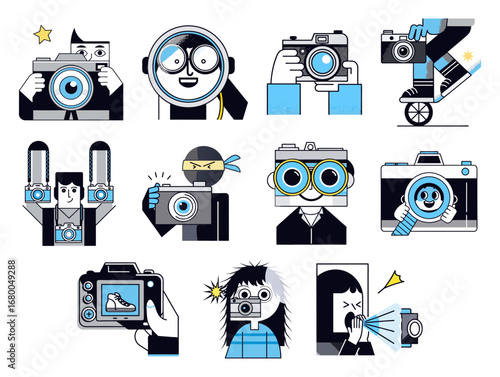 A vibrant illustration featuring a dozen characters and cameras in various poses and scenarios, rendered in a striking black, white, and blue color palette with clean lines.