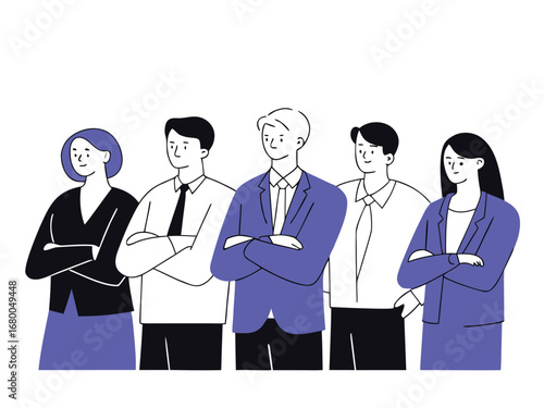 Five serious professionals stand with crossed arms, displaying confidence against a transparent background