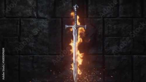 Fiery Sword Against Stone Wall: A Fantasy Image