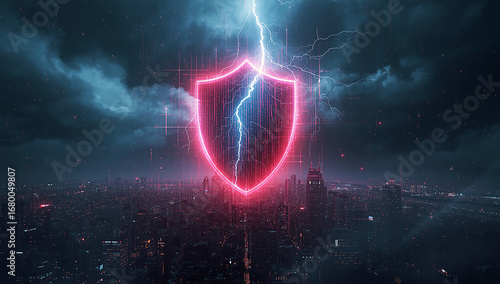 Luminous shield symbolizing powerful cyber defense against a digital storm and lightning over a futuristic metropolis