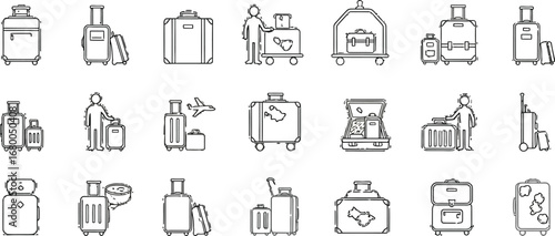Travel baggage icon set offers diverse luggage options for stylish trips and carefree vacations planning