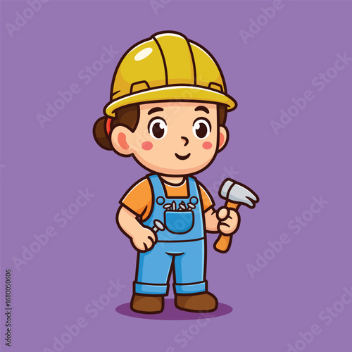 worker cartoon  bring hammer work use yellow helmet illustration design