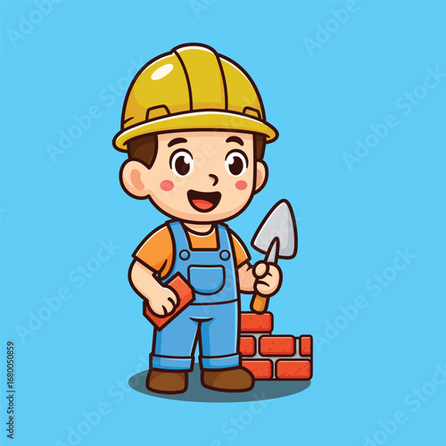 cute cartoon worker construction with brick
