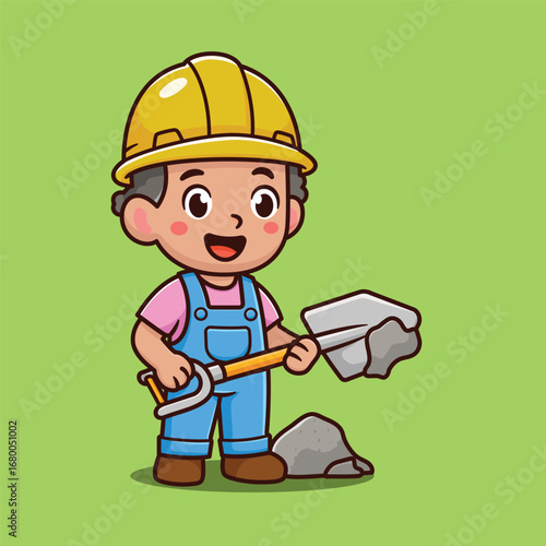 cute cartoon worker with sand shovel illustration design