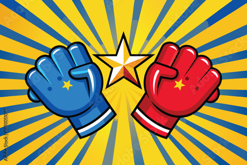 Dynamic boxing gloves in red and blue clash with starburst background symbolizing competition