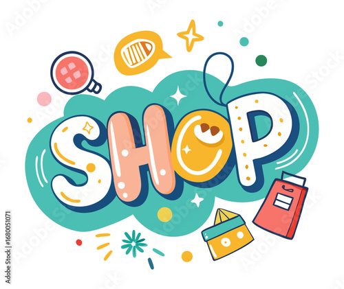 A colorful, playful doodle illustration with the word "SHOP" in bubble letters surrounded by various icons like a magnifying glass, shopping bags, and a speech bubble.