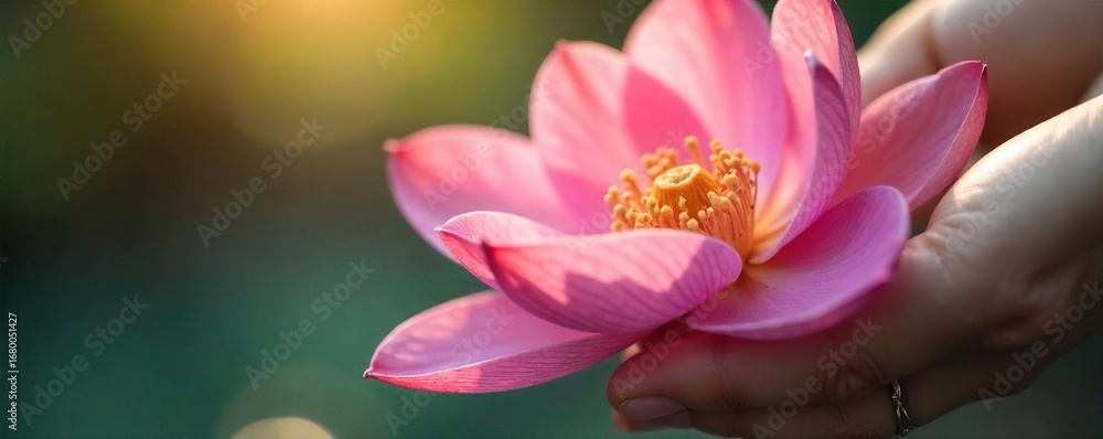 Obraz premium Close-up of delicate flower petals being gently caressed, evoking a sense of calm and tranquility Perfect for spa, wellness, and beauty themes , nature, blossom, wellness