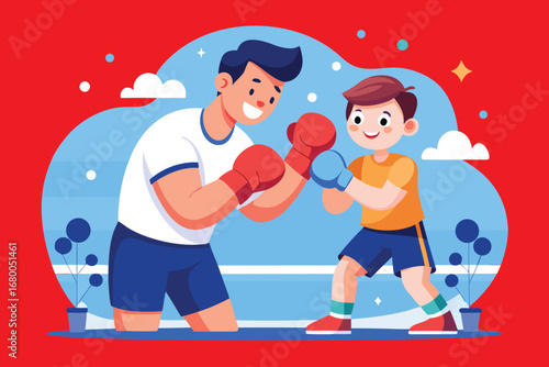 Father and son happily boxing together, enjoying active father-child bonding time and sports