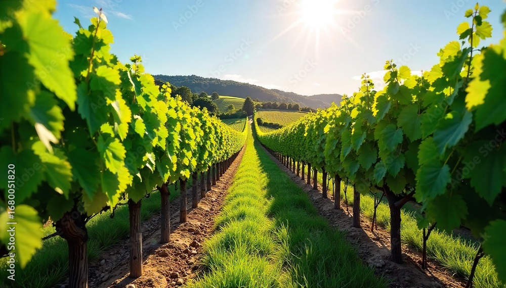 Naklejka premium Rows of lush green grapevines stretching across a sun-drenched hillside, ready for harvest A picturesque vineyard scene perfect for wine labels or related publications , view, organic