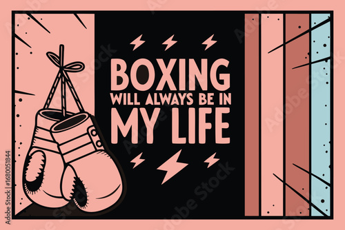 Boxing gloves hang ready, conveying a passionate lifelong commitment to the sport's dynamic energy