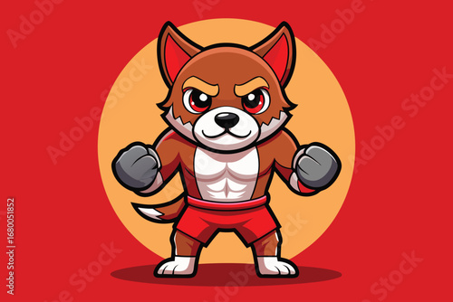 Fierce cartoon wolf boxer ready to fight with muscular build and determined expression