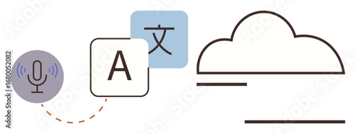 Microphone, text translation symbols, and cloud icon connected visually. Ideal for translation, communication, cloud computing, AI, data sharing language learning digital solutions. A simple flat