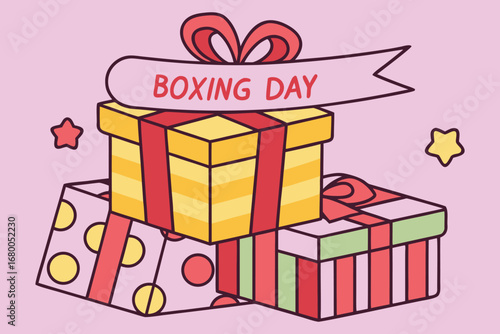 Exciting Boxing Day sales await with festive gift boxes and sparkling stars for festive shopping promotions