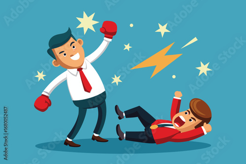 Victorious businessman celebrates knockout win over rival with boxing gloves in dynamic competition