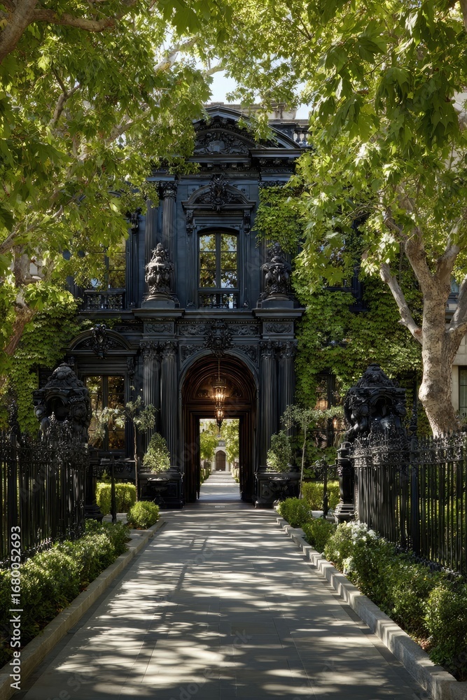 Obraz premium Sun-dappled path leads to ornate dark stone mansion entrance