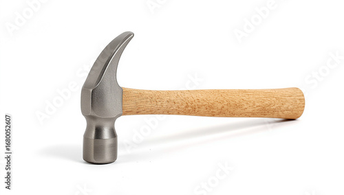 A classic steel claw hammer featuring a smooth wooden handle, presented as an isolated object on a clean white background, perfect for construction and DIY concepts