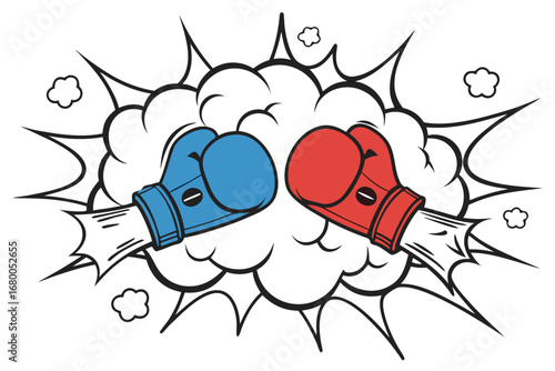 Dynamic boxing gloves clash in a burst of comic book action, representing competition and victory