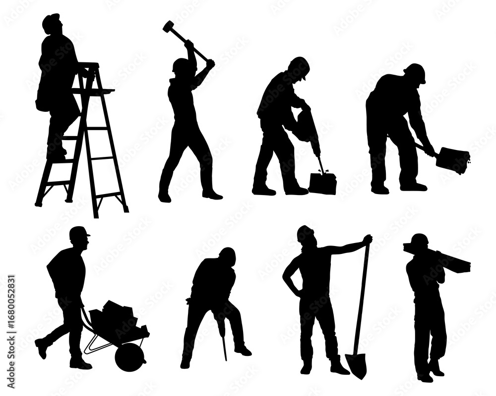 Naklejka premium Construction workers vector silhouettes design
