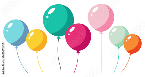 A cheerful cluster of colorful balloons in various sizes, floating upwards with strings, symbolizing celebration, party, joy, and festive occasions.