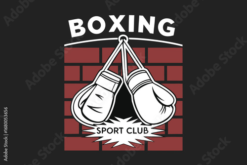 Dynamic boxing gloves hang ready for action in front of a classic brick wall, promoting sports clubs and fitness