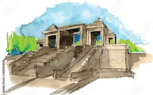 handmade watercolor  of Ratu Boko Temple in Yogyakarta, Indonesia