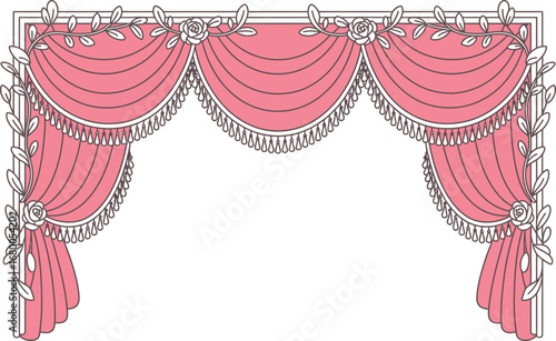 Pink draped curtain with floral accents drapes roses