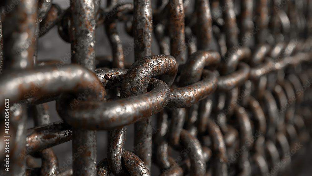 Fototapeta premium Selective focus on a weathered, rusty circular metal link in a series of heavy industrial chains