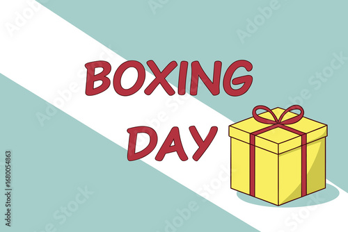 Bright yellow gift box with red ribbon and "BOXING DAY" text on a clean pastel background