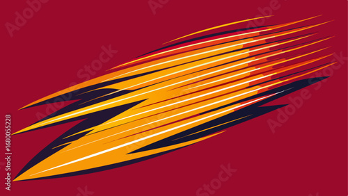 An abstract lightning bolt or comet tail graphic composed of speed lines in fiery red, orange, and yellow tones against a dark red background, symbolizing speed and power.