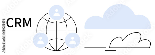CRM network with user profiles connected via a globe, paired with cloud elements. Ideal for customer management, digital collaboration, online networking, SaaS solutions, data processing, global