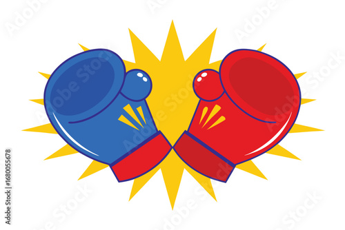 Dynamic boxing gloves clash with energetic yellow starburst background, symbolizing competition and victory