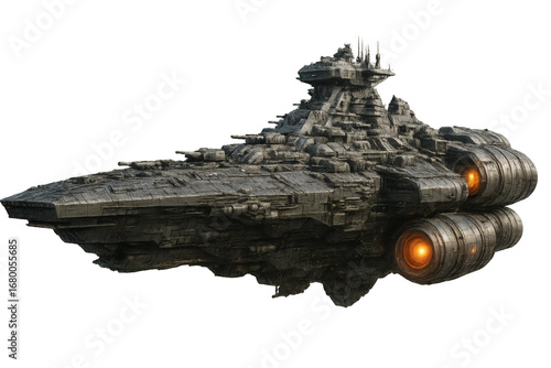 A futuristic battleship gliding through space. The ship is detailed and advanced, showcasing cutting-edge design