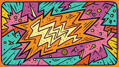 Intense doodle-style zigzag explosion and comic burst background, packed with confetti and energy lines. High-impact vector graphic in a loud, vibrant 80s/90s acid-pop palette of pink, orange, and tea