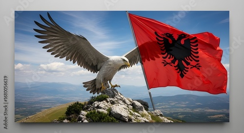 Albanian eagle flying over mountain peak with albanian flag patriotic symbol photo