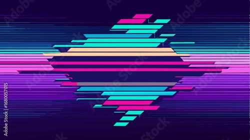 Abstract glitch art background with a central diamond-shaped element composed of horizontal neon 3D extruded lines. Dynamic vector graphic in vibrant cyberpunk/synthwave colors