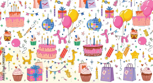 Vibrant birthday celebration pattern with cakes, balloons, gifts, and disco balls for festive occasions