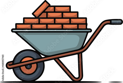 Construction Wheelbarrow with Bricks Vector Drawing Outdoor Work Equipment Illustration