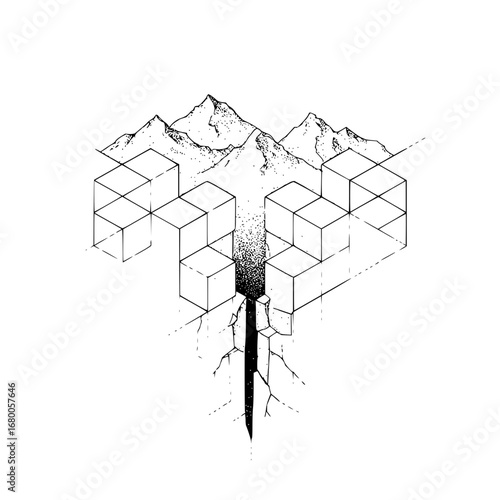Isometric cubes and mountains with a dark fissure running down the center in a black and white drawing