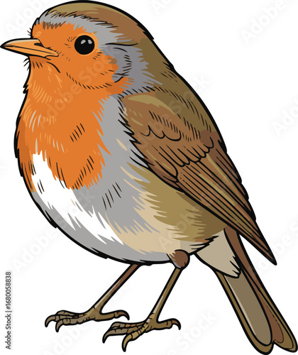 European Robin Cartoon Vector Drawing Small Bird with Orange Breast and Brown Plumage